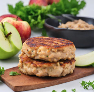 A pair of homemade chicken and apple sausage patties are presented on a wooden board, with a fresh, green apple cut into a wedge and a head of lettuce in the background. To the side, a small black bowl contains a complementary sauce. The patties have a golden-brown crust from pan-searing, and the herbs within suggest a flavorful blend. The overall setting suggests a healthy, home-cooked meal.